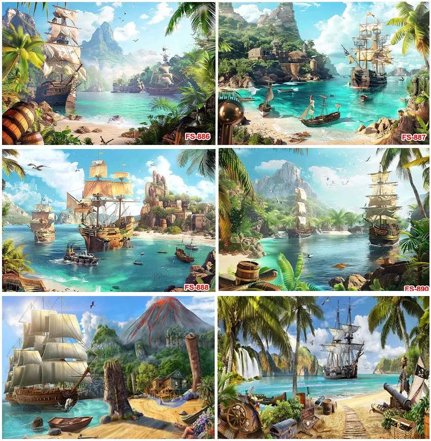 Meninos aniversário aventura festa decorações, navio à vela, navegação, ilha pirata, cenários oceânicos, fundos, adereços de foto cabine