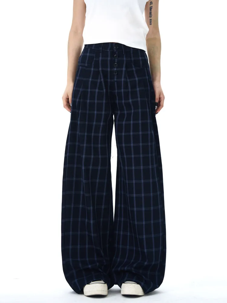 

Ретро-брюки в синюю клетку для мужчин и женщин, весенне-осенние свободные брюки прямого кроя, удобные свободные длинные брюки