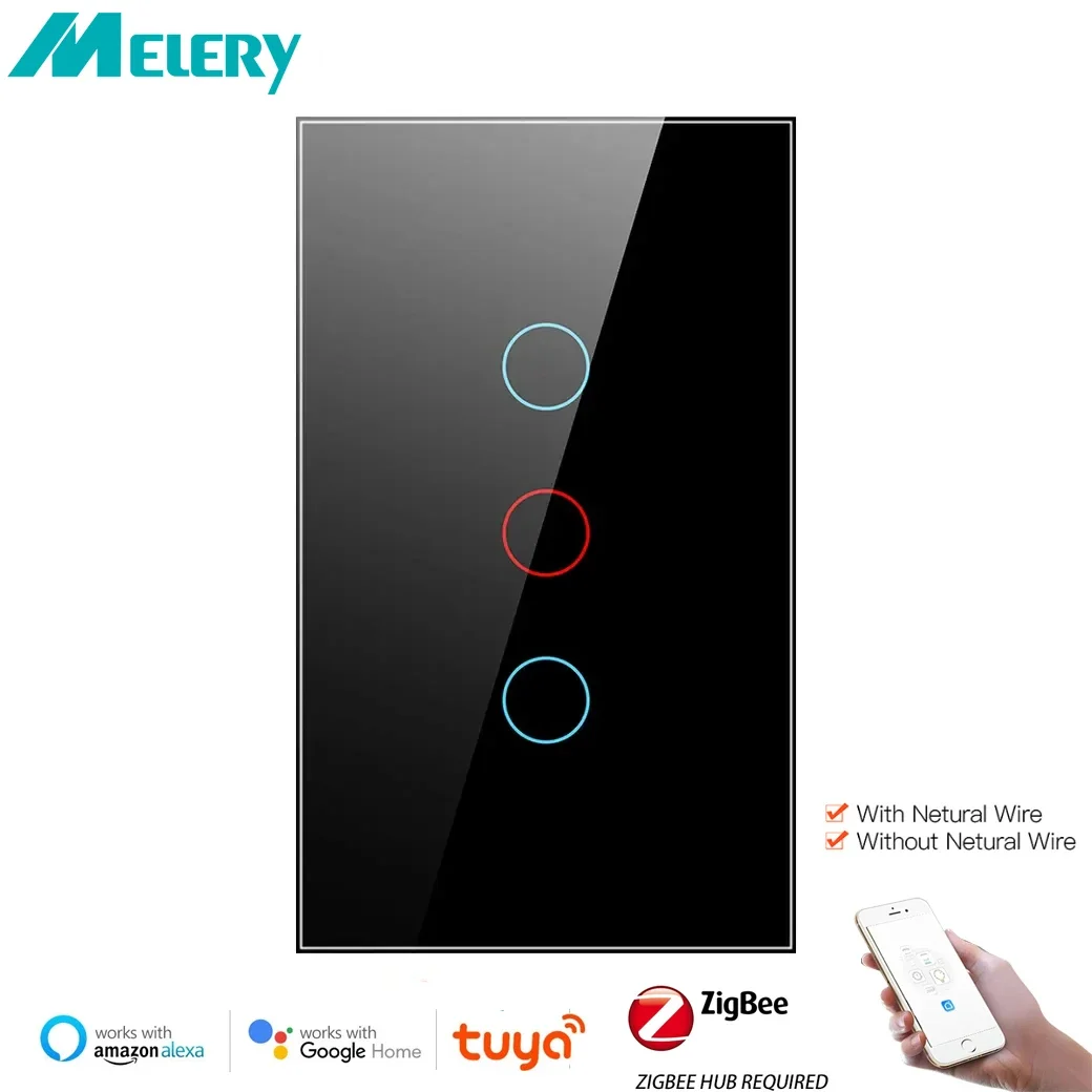 

Melery Tuya Zigbee Smart Light Switch Neutral Wire Required/Not Wall Touch Sensor Glass Panel Remote By Alexa Dot Google Home