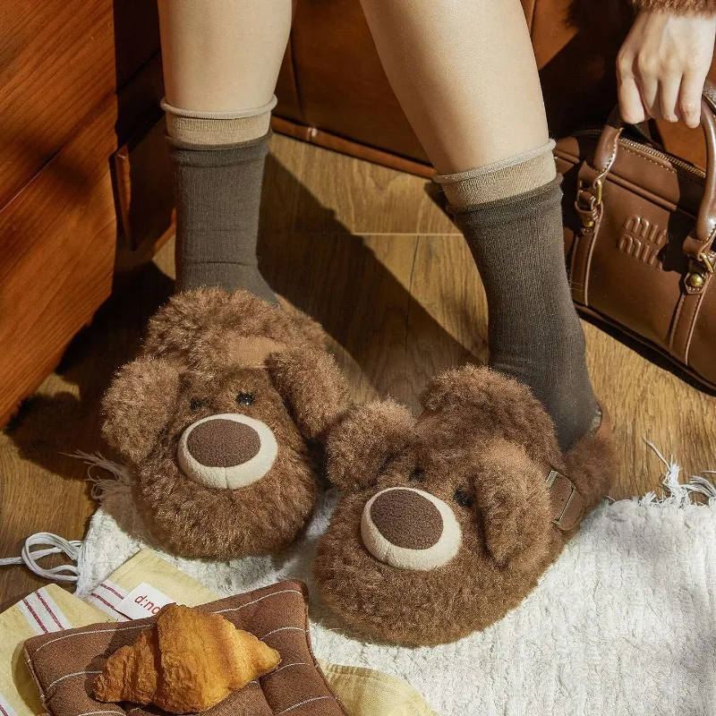 

Winter New Cute Bear Warm Fleece Indoor Outdoor Cotton Slippers Plush Couple Men Women