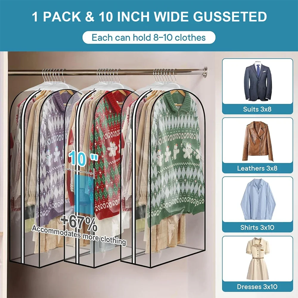 

1 PC 10-Inch Gusseted Clear Zipper Garment Bag for Hanging Clothes 40' 50' 60' Suit Covers for Closet Storage