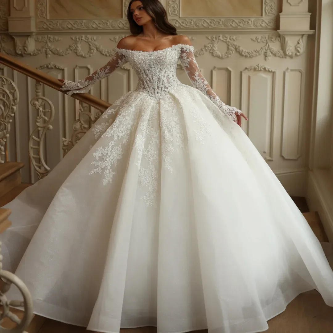 Customized Off the Shoulder Appliques Beads Modest Wedding Dress  Sweep Train Vestidos De Noiva Princess Long Sleeve Bridal Gown