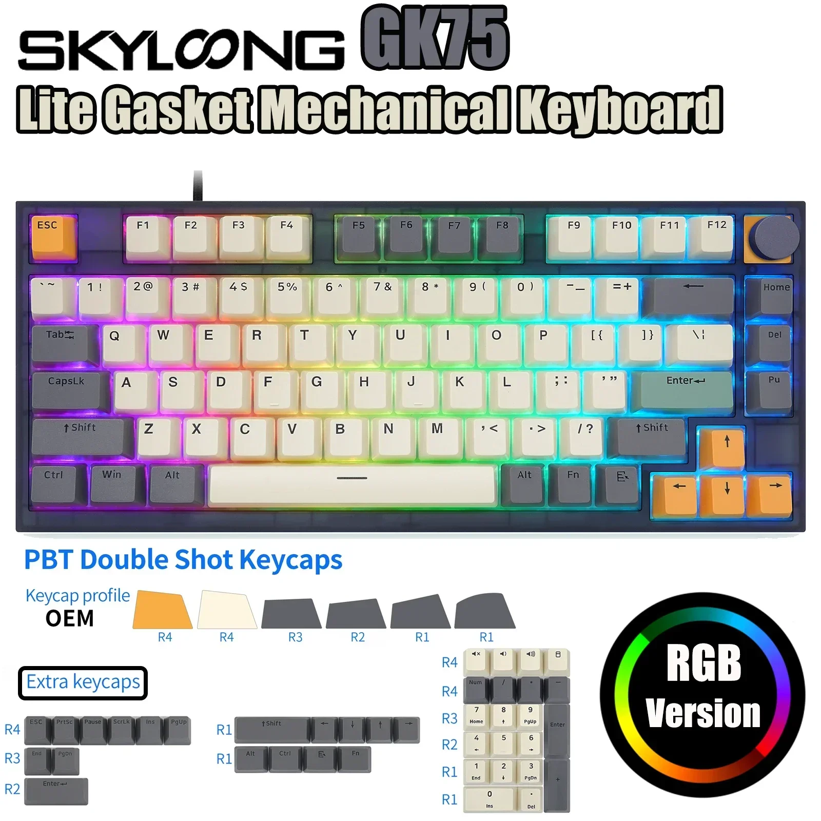 Skyloong GK75 Mechanical Keyboard RGB Hot Swappable Optical Yellow Switches Knob PBT Keycap Wired 75% Lite Gasket WIN/MAC Gaming