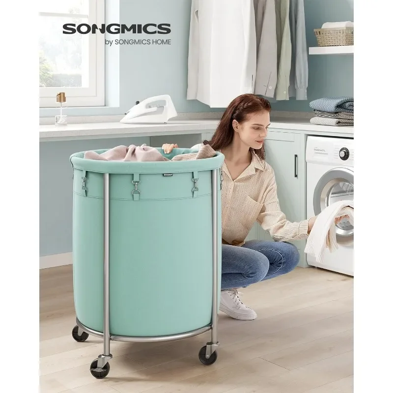 SONGMICS Laundry Basket with Wheels, Rolling Laundry Hamper, 45 Gal., Round Laundry Cart with Steel Frame and Removable Bag