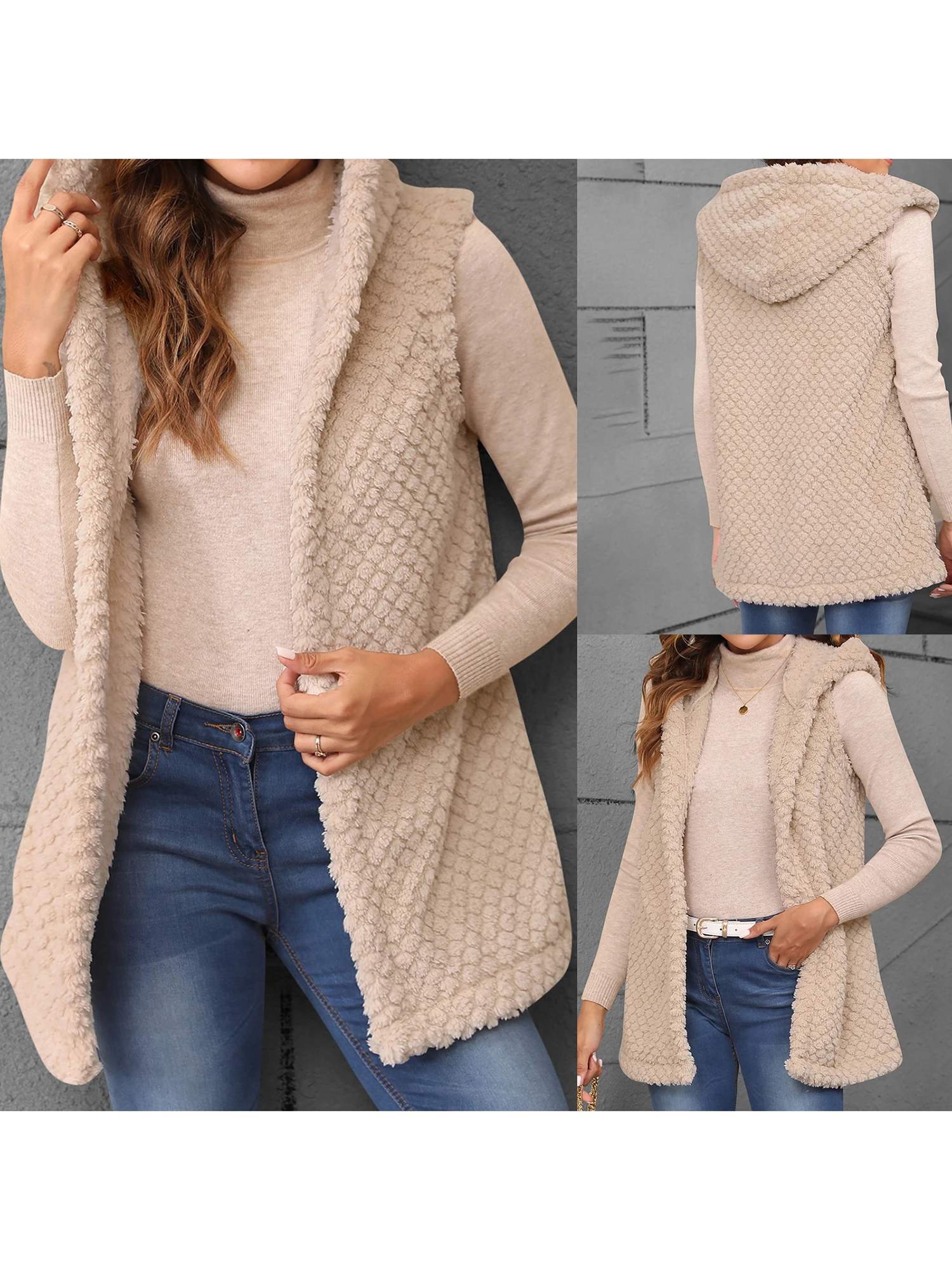 

Women s Winter Faux Fur Hooded Vest Coat Sleeveless Open Front Embossed Plush Jacket with Pockets and Belt