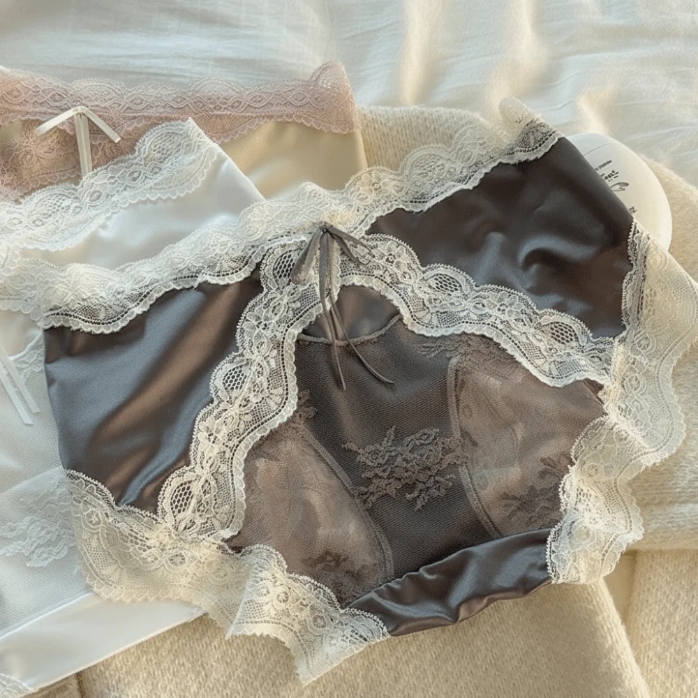 Delicate Mid Waist Lace Satin Panties Mesh Sweet Transparent Briefs Patchwork Invisible Underwear for Women Women