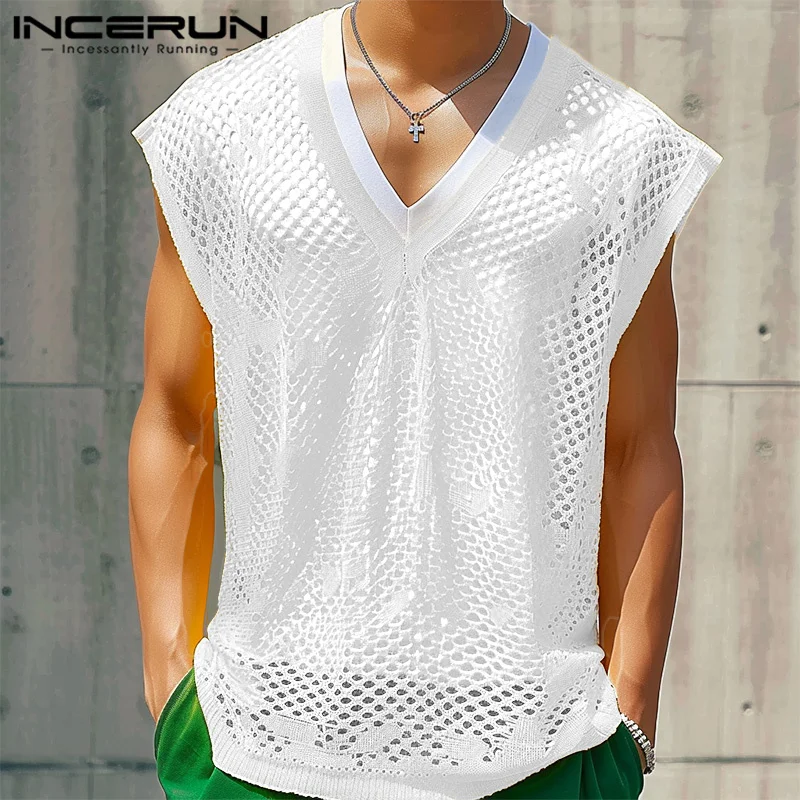 INCERUN Men Tank Tops Mesh Transparent Summer V Neck Sleeveless Casual Male Vests Streetwear 2024 Loose Fashion Men Clothing