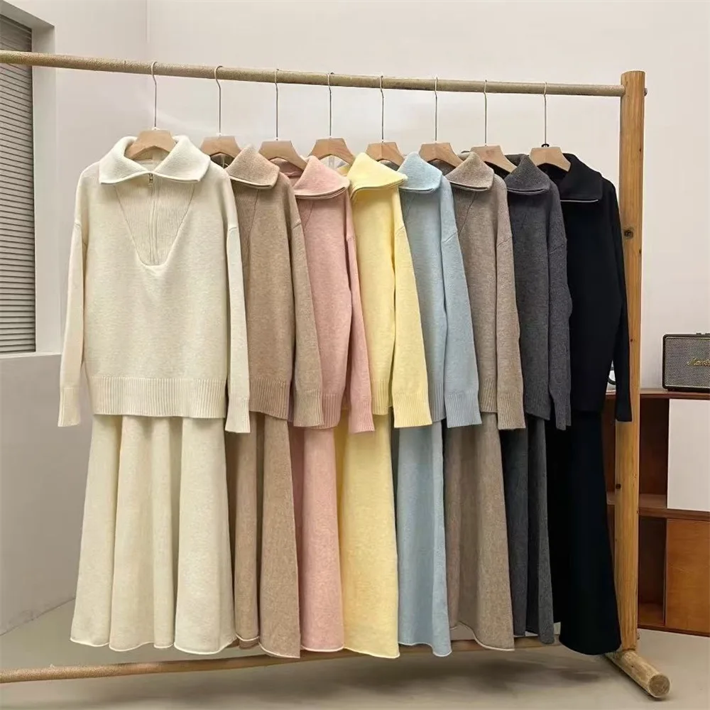 

Casual Knitted Sweater Set Women's Loose Large Size f Zip Autumn Winter New Sle Faion Set Polyester Fiber Long Sve