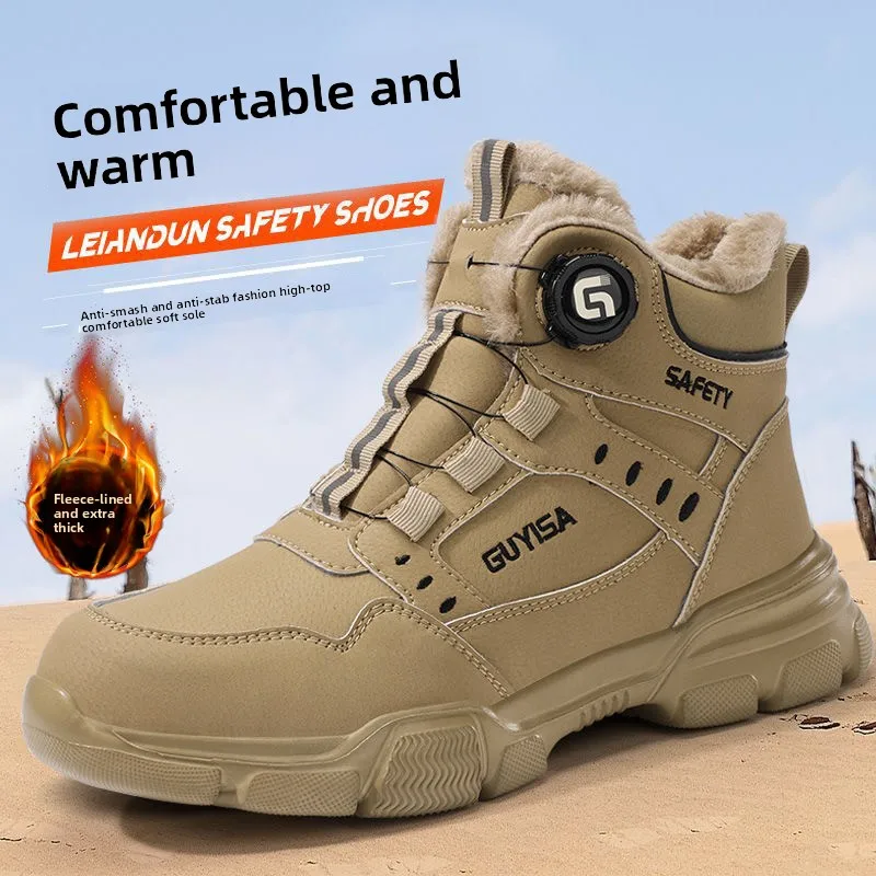 Fleece-lined Work Men's Safety Shoes Winter Steel Toe Rotation Button Thickened Warm Woman Anti-smashing Security Boots Protect