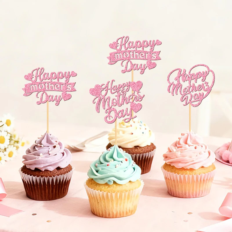 YOMDID 24 Stück Happy Mother's Day Cupcake-Topper, glitzernde Happy Mother's Day Herz-Kuchenaufsätze, Kuchendekorationen zum Muttertag