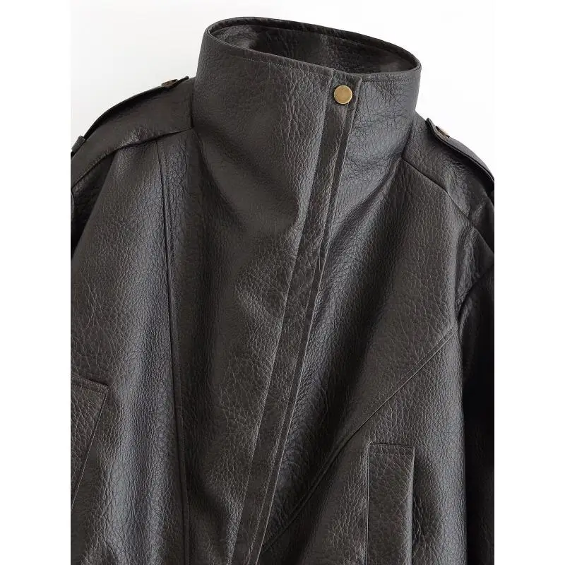Maxdutti Minimalist Women's Jacket French Woman Clothes Long Sleeved Stand Up Collar Faux Leather Pilot Jacket Southern France
