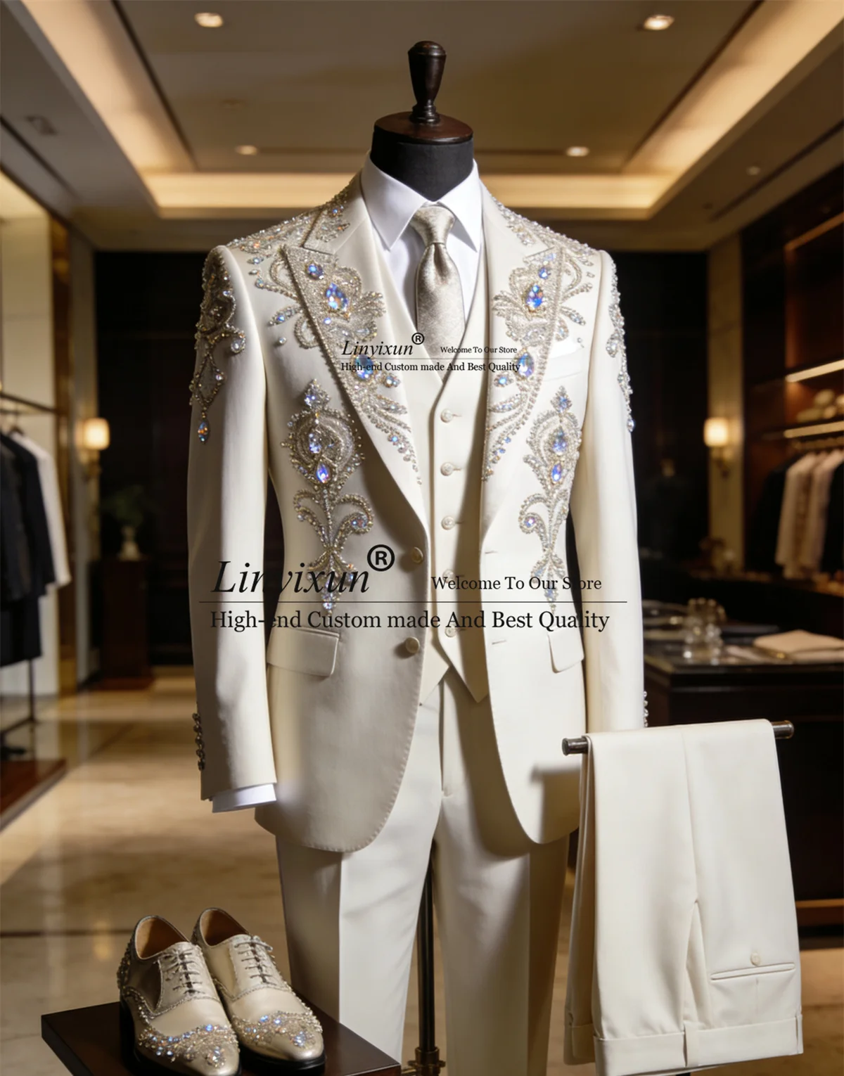 

Sparkly Metallic Diamond Tuxedos Men Suits Customized Groom Male Slim Fit Pant Blazers Outfits 3 Piece Sets Wedding Ropa Blazers