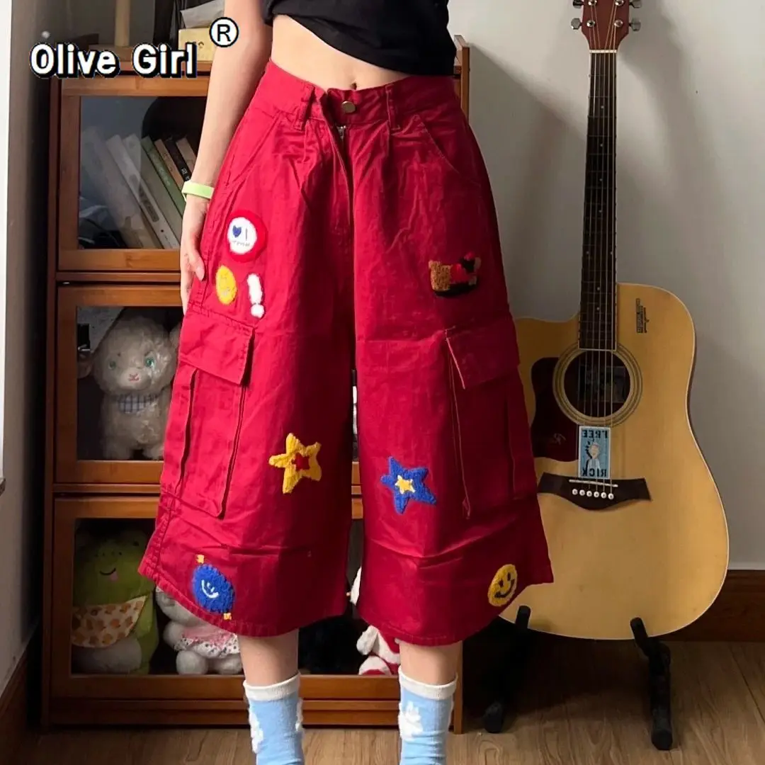 Olivegirl Rose Red Work Pants with Cartoon Embroidery Jeans Sweet Cool Hot Girl Wide Leg Cropped Trousers Women's Clothing