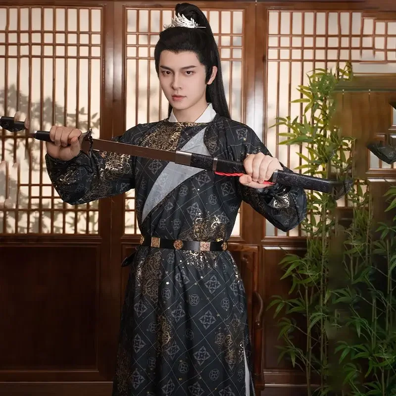 Hanfu 고대 중국 전통 코스튬 원피스, 크로스 칼라, 허리 길이 인쇄 코스튬 남성용