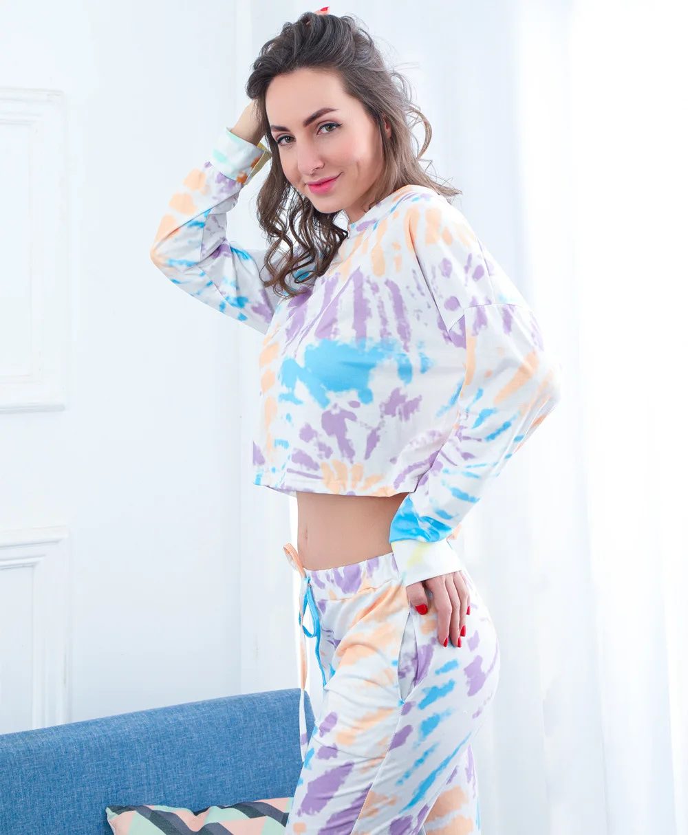 Pajamas for Women Autumn and Winter New Style, Exposed Navel Sports Trend Home Wear Tie Dye Home Wear Set for Women