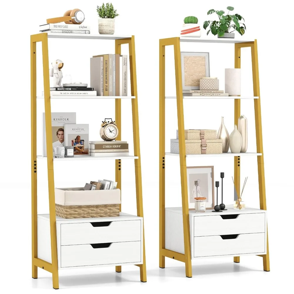 

4-Tier Ladder Shelf with 2 Drawers, 52.5" Tall Freestanding Bookcase with Sturdy Metal Frame, Shelving Unit Display, Customized