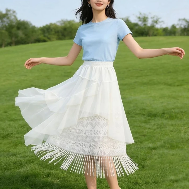 

Harajuku Kawaii 2026 Summer White Lace Cutout Mesh Tassel Irregular High Waist Midi Skirt For Women Girls Tiered Dailywear Party