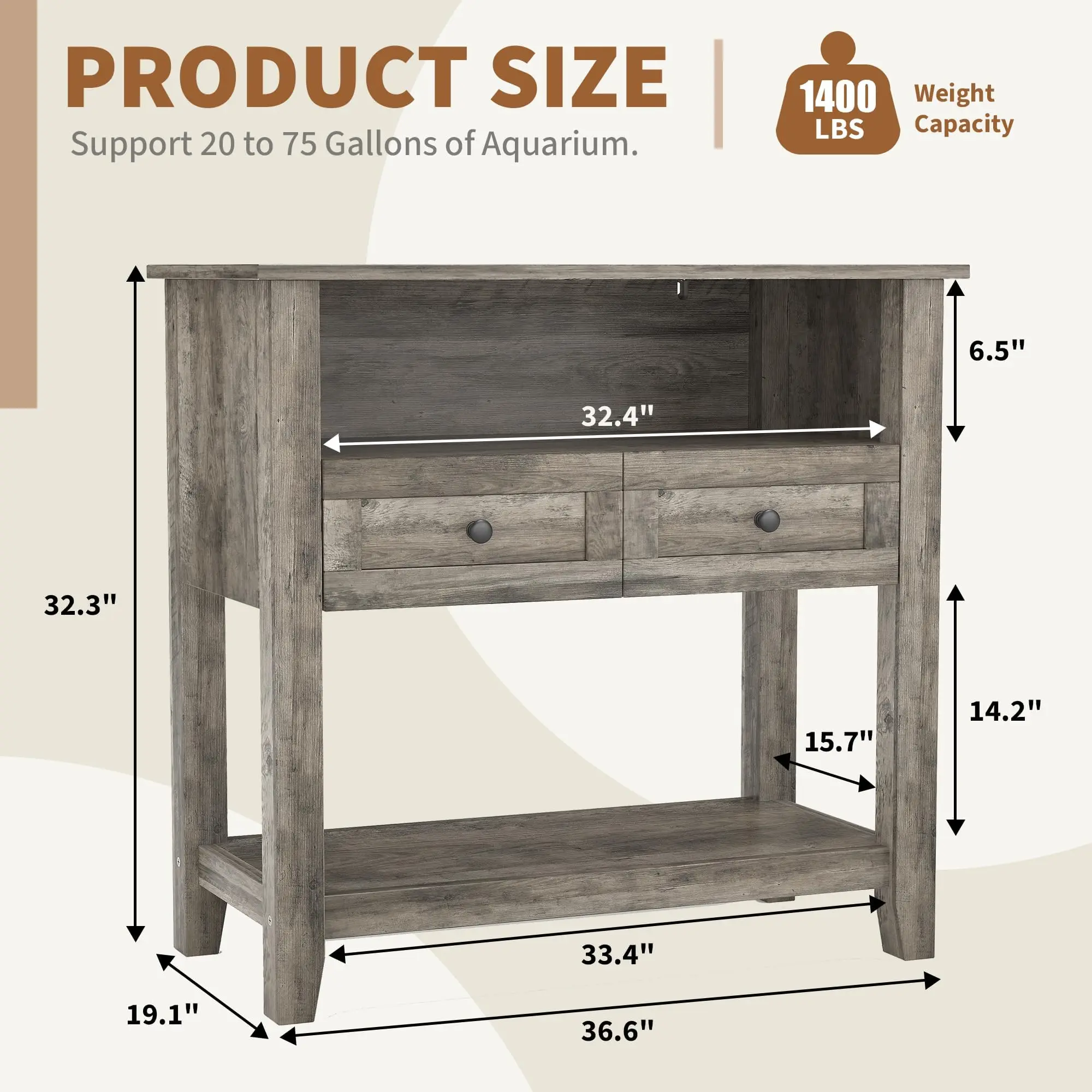 Heavy Duty Aquarium Stand for 20-29 Gallon Tanks - Charging Station, Drawers & Open Storage - Supports Fish, Reptile
