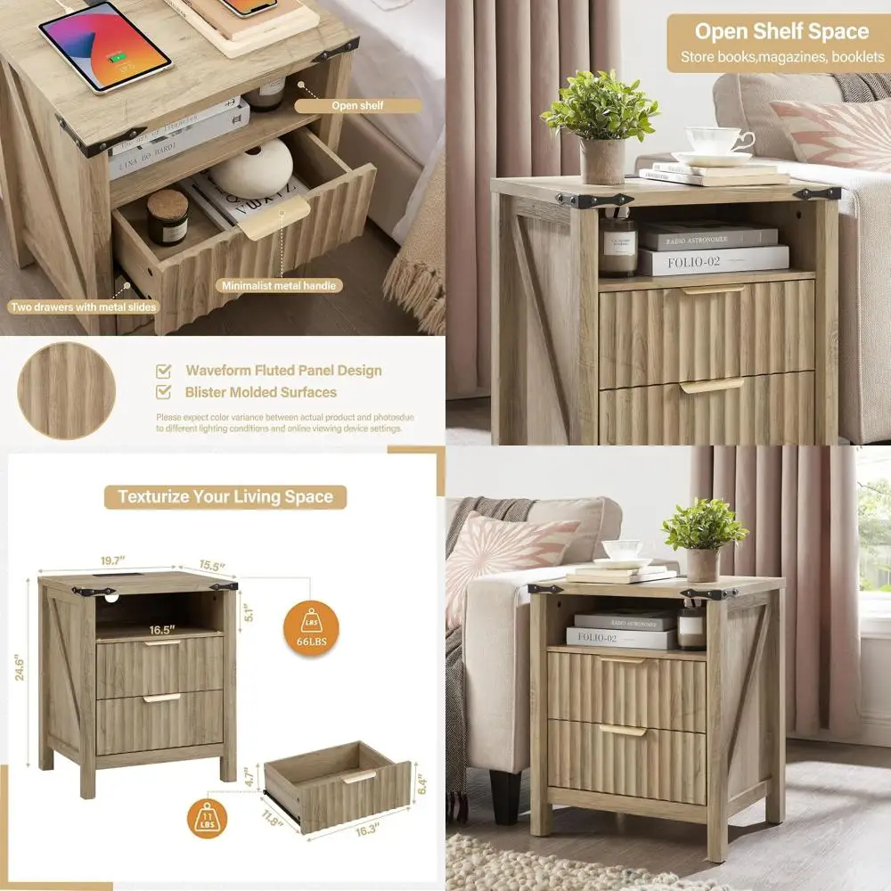 20 Inch Wide Farmhouse Nightstand with Charging Station and 2 Drawers - Modern Wood Side Table for Bedroom, Study Storage in Sun
