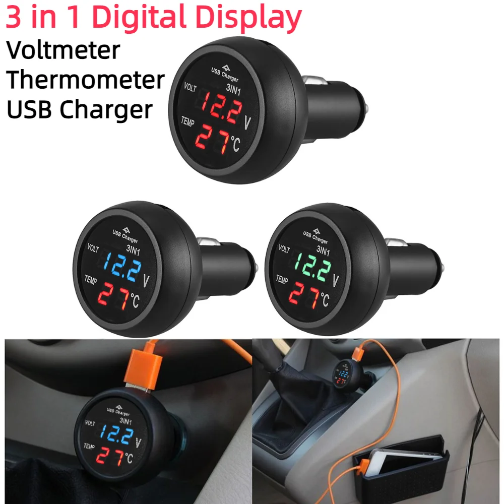 3 in 1 12/24V Car Volt Meter Digital LED Car Cigarette Lighter Voltmeter Thermometer Car USB Charger Current Meter Volt Detector