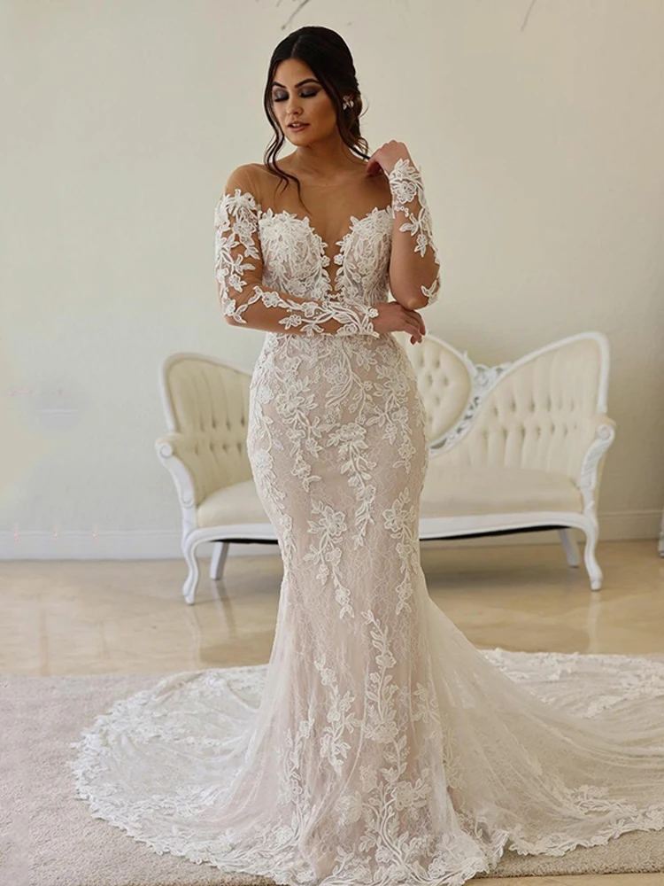 Abito da sposa in pizzo Boho sirena con corpetto illusione manica lunga collo trasparente Appliques abiti da sposa 2023