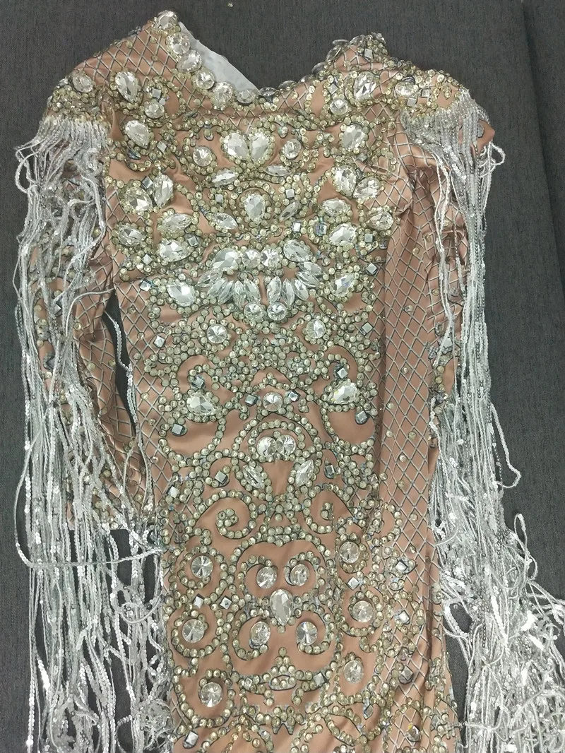 우아한 웨딩 댄스 파티 실버 라인 석 Tassels 롱 드레스 가수 호스트 저녁 파티 축하 공연 무대 의상