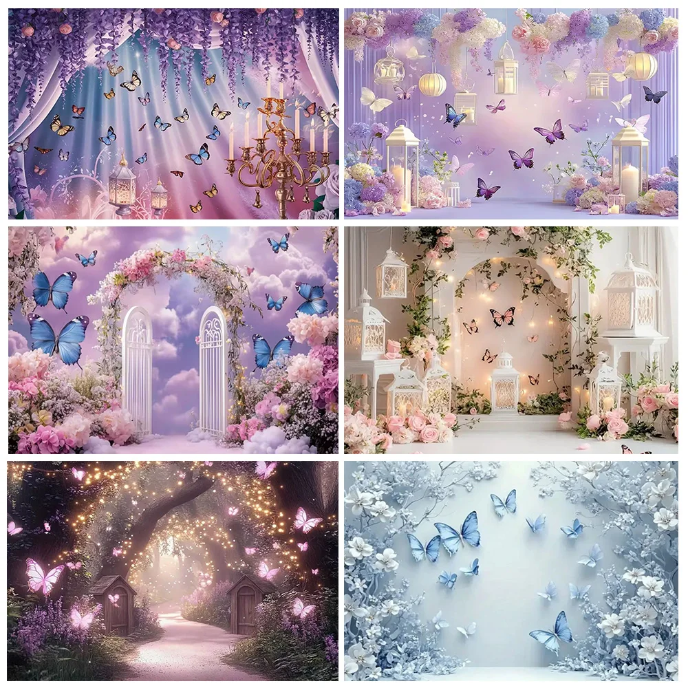 

Dreamy Purple Butterfly Photography Backdrop Supplies Wedding Party Decorations Beautiful Background Banner Photo Shoot Props
