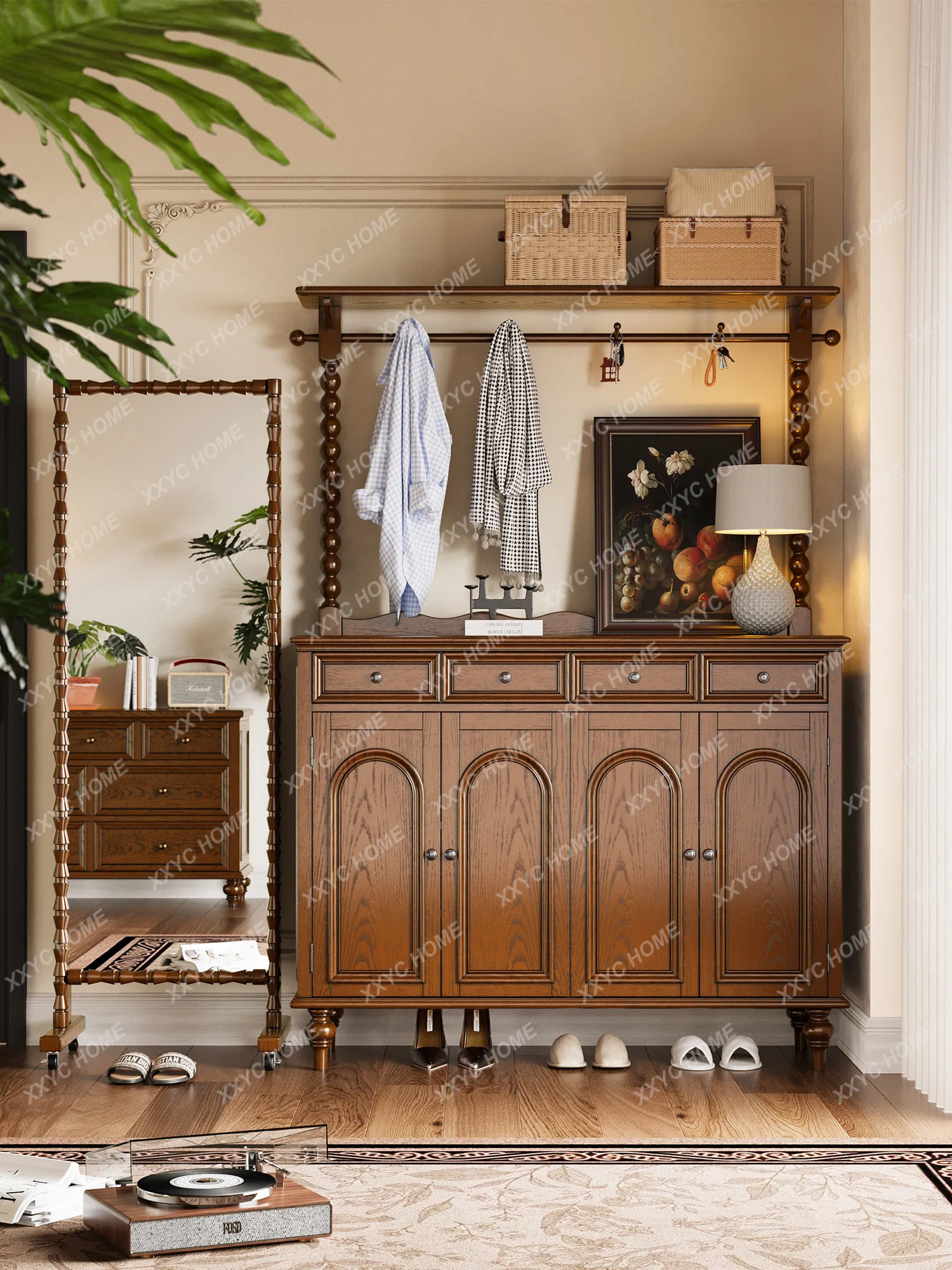 Retro solid wood shoe storage all-in-one coat rack room hall cabinet living room entrance partition cabinet