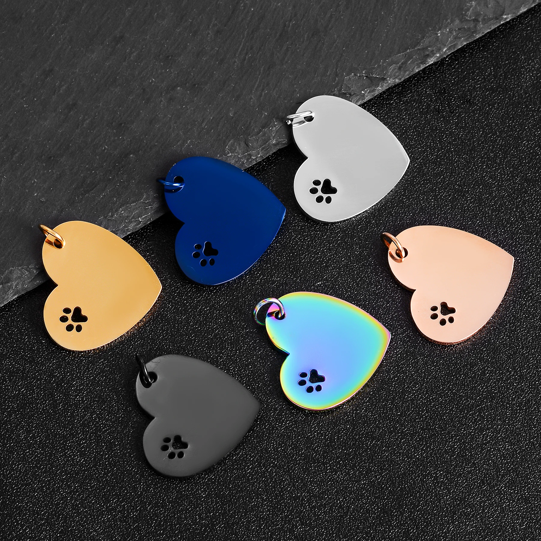 6Pcs/Lot Mirror Polished Hollow Paw Heart Tags Stainless Steel Pendants For Customize ID Charm Jewelry Making