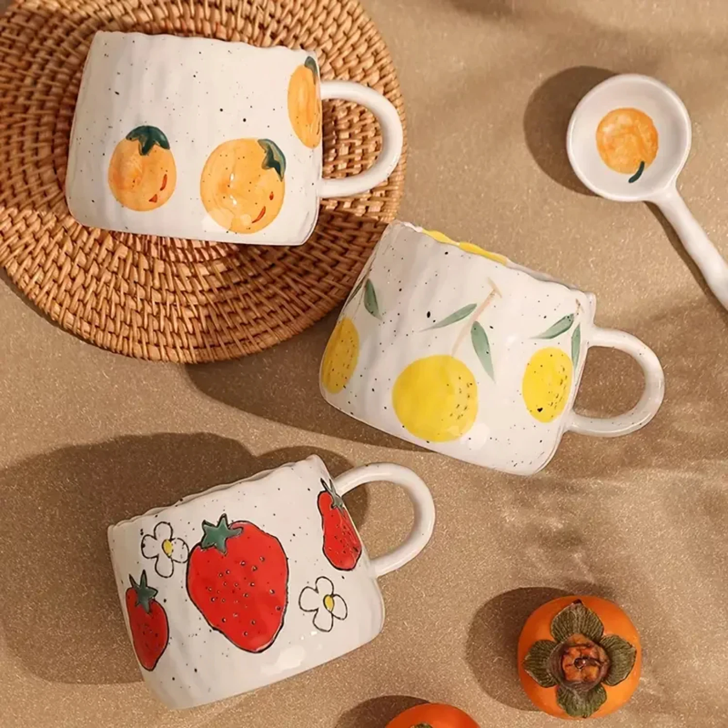 

1pc 350ml Funny Fruit Pattern Ceramic Coffee Mug Handheld Type Milk Mugs Accessories Simple Retro Hand Painted Glazed Cup