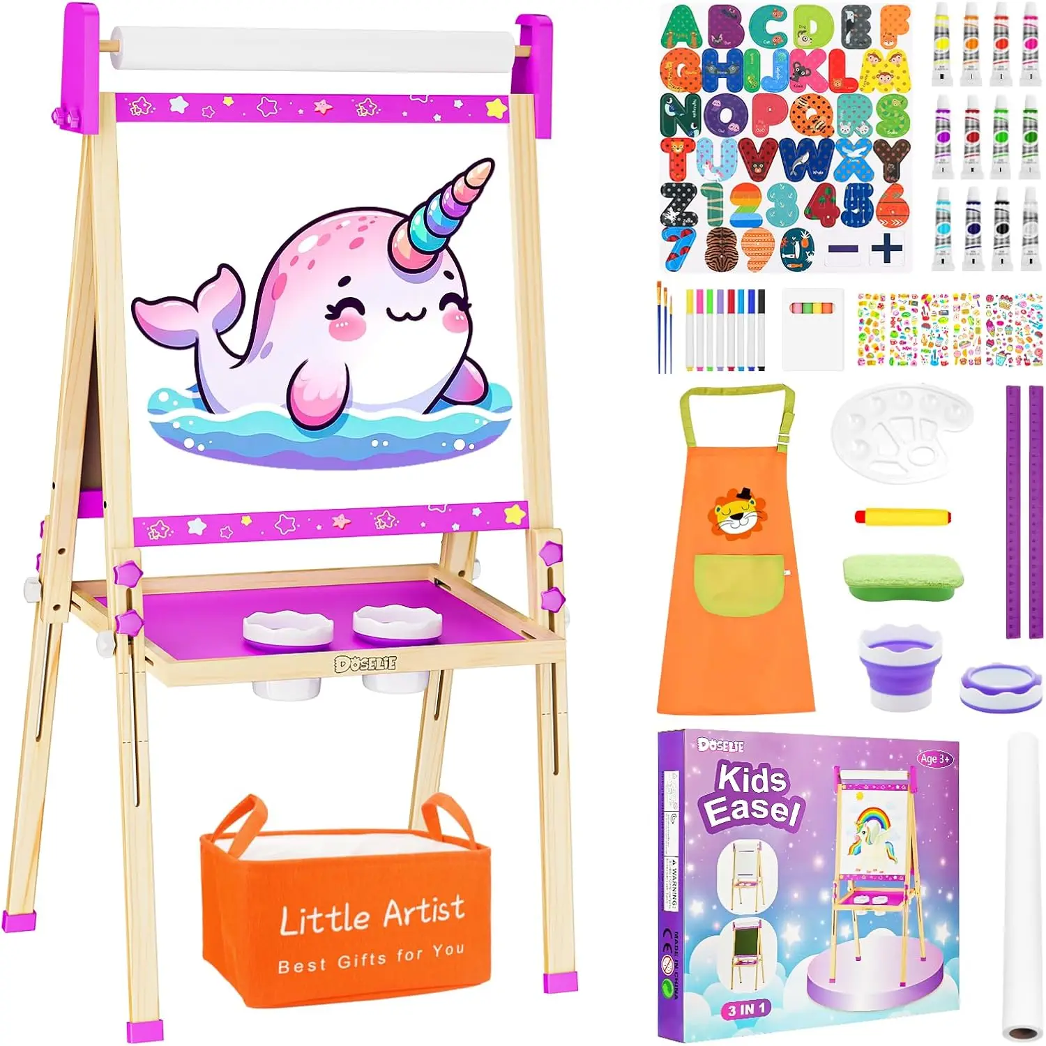 

Adjustable Kids Art Easel with Whiteboard, Chalkboard, Paper Roll & Supplies for Ages 4-10 Birthday Gifts