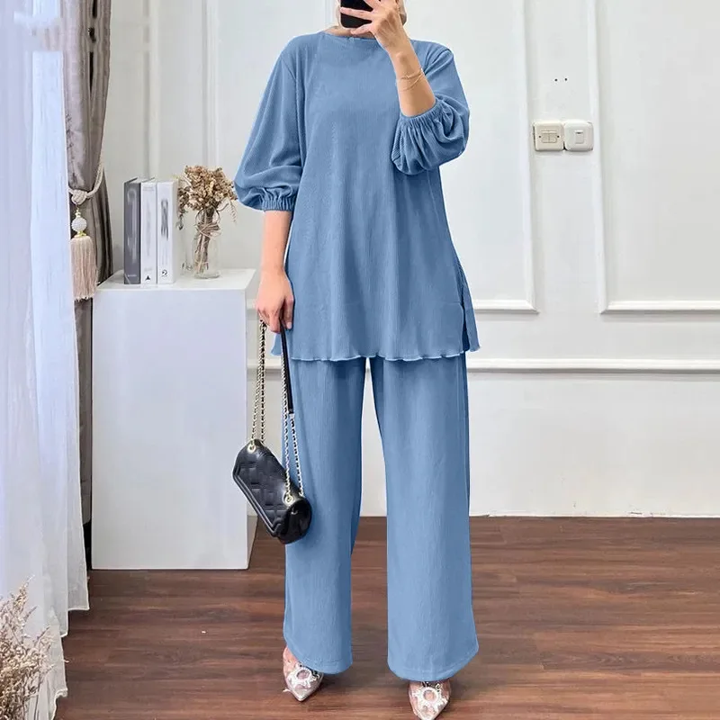 Women 2 Piece Set Muslim Blouse Split Tops Wide Leg Pants Suit Morocco Puff Sleeve Dubai Islam Casual Ramadan Trousers Ensemble