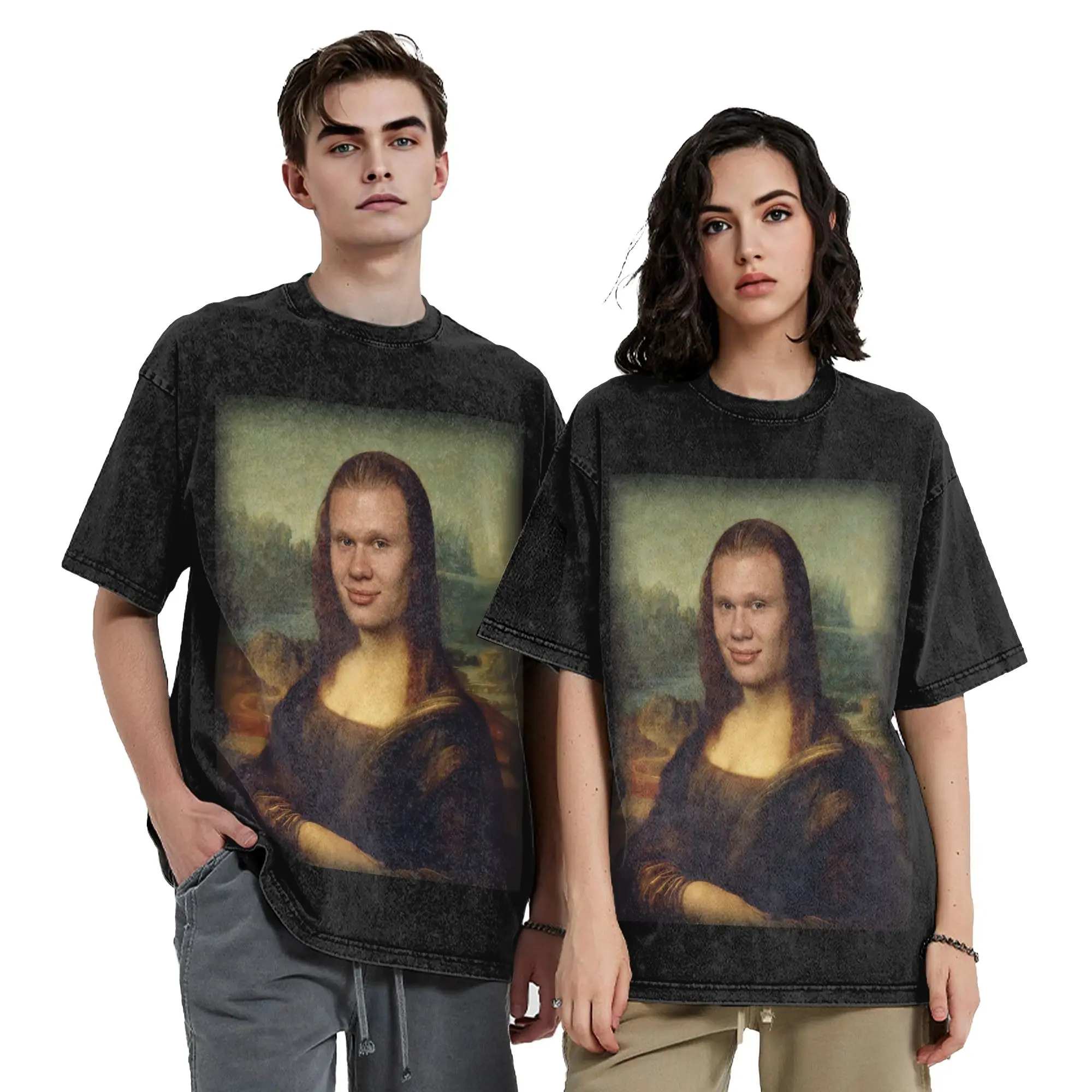 H-Haalands Mona Lisa Funny Soccer Art  Vintage Washed T Shirt Men Cotton Clothing Funny  Crewneck Short Sleeve
