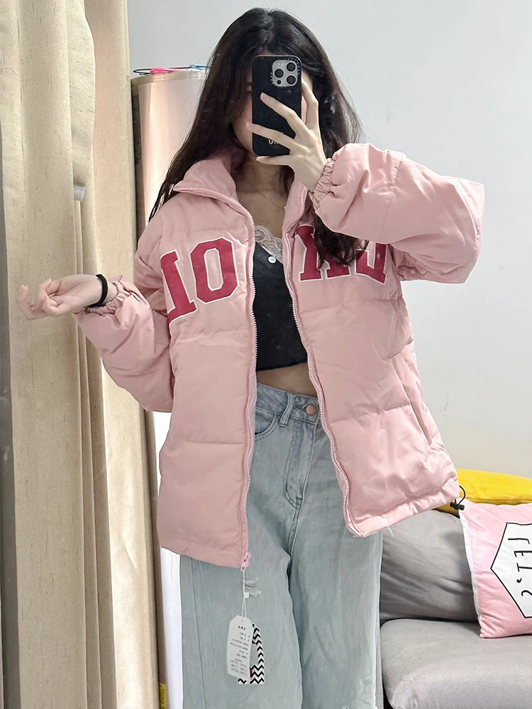 

KING BRAND Women's Thiened Cotton Jaet Pink Lettering Loose Street Sle Zipper Closure Long Sve Regular Length