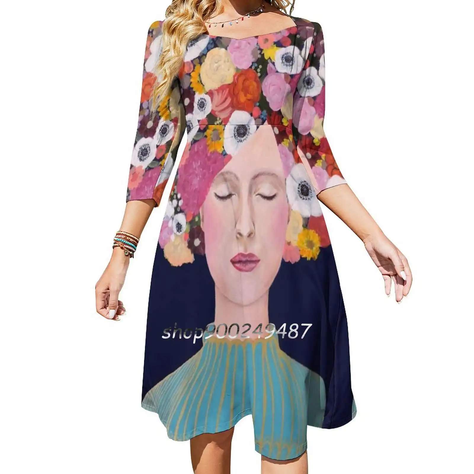 Celeste Flare Dress Square Neck Dress Elegant Female Fashion Printed Dress Girly Floer Whimsy Whimsical Portrait Fashion Boho