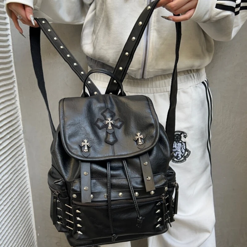 Subculture Punk Rivet Spicy Girl Backpack Heavy Duty Flap Leather Cross Unisex School Bag Rucksack Daypack Alternative