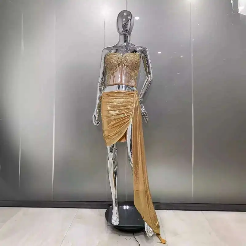 LEOSOXS Golden Shiny Diamond เซ็กซี่ Sheer Hot สไตล์ Gold Sheer Tube Top + แฟชั่น Hot Party Performance Dress กระโปรงสั้น