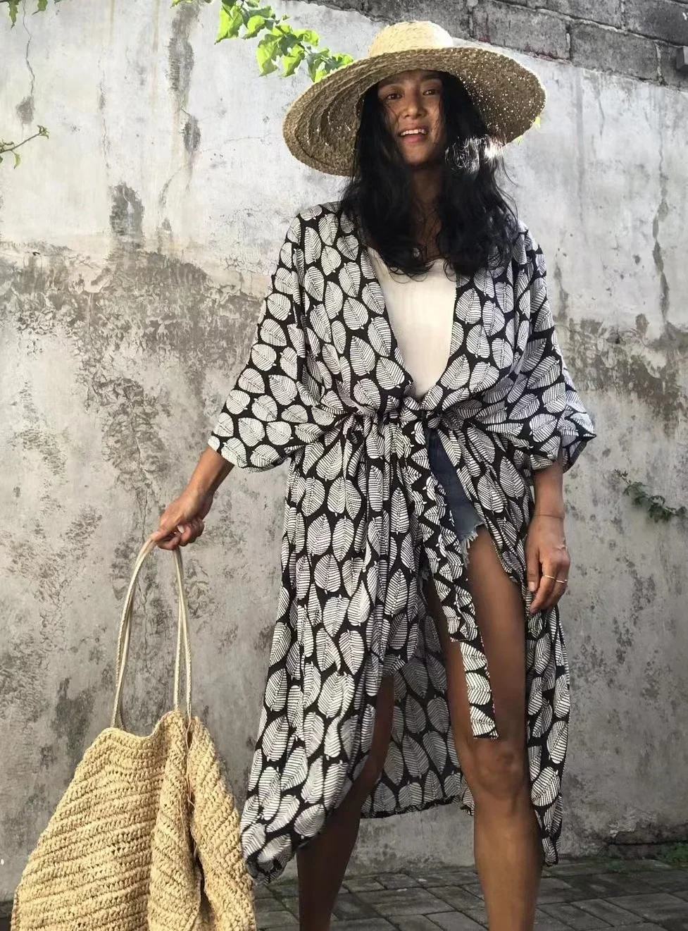 2024 New Summer Sexy Beach Kimono Swimwear Cotton Cover Up costume da bagno donna stampa Bikini Cover Up Beachwear Dress Robe