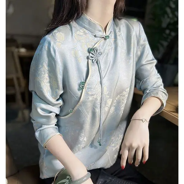 Simulated Silk Women\'s Summer High-end Sense Retro Chinese Style Buckle Fashion Temperament Loose Long Sleeved Stand Collar Shir