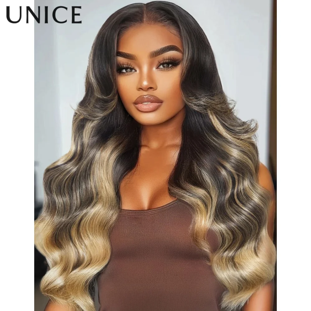 

UNice Bye-Bye Knots 7x5 Lace Human Hair Wig Black With Blonde Highlights Loose Wave Glueless Wig With Face Framing Layers