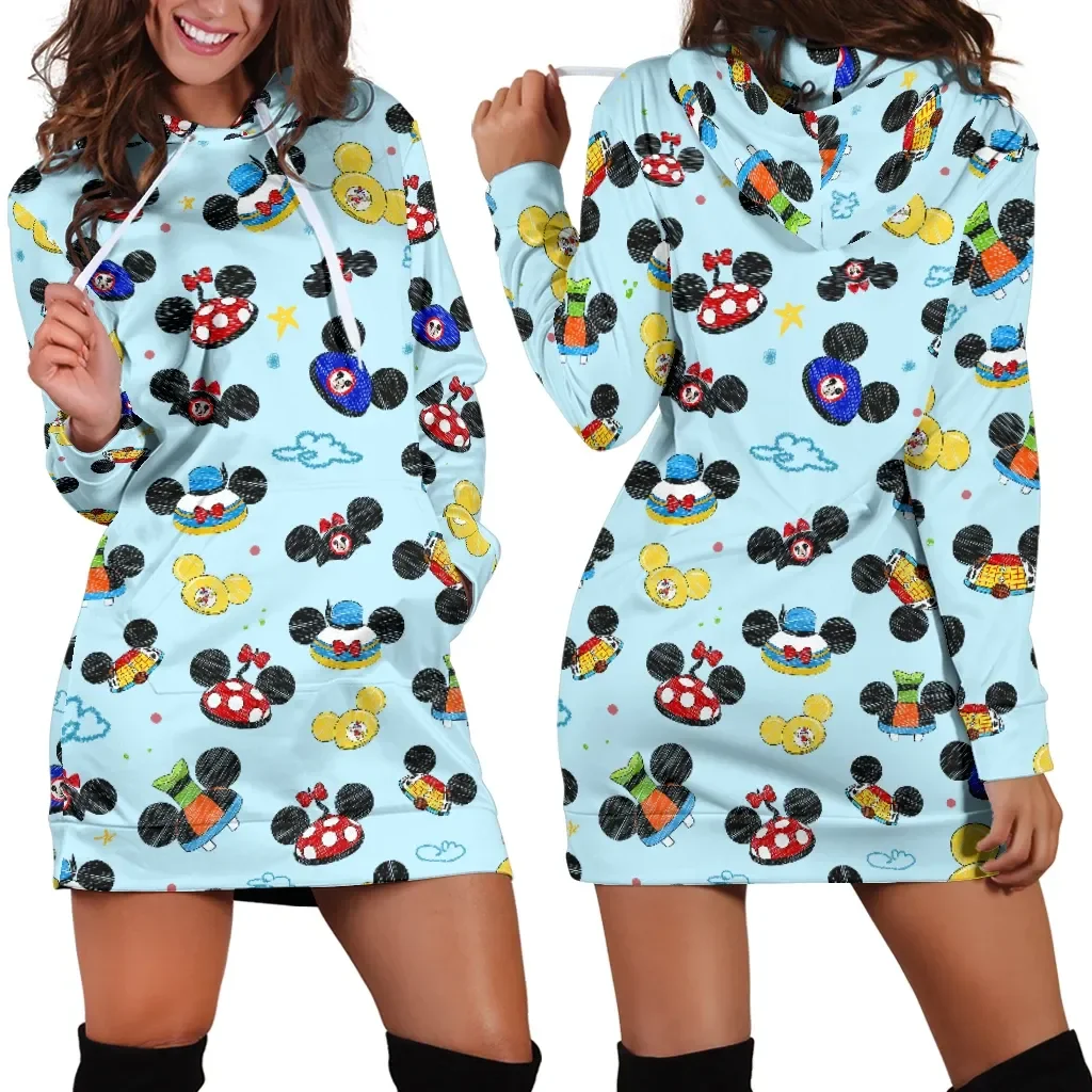 

2023 New Mickey Mouse Hoodie Dress Sweater Fashion Disney Dress Sweatshirt Dress 3d Allover Printed Y2K Hoodie Dress for Women