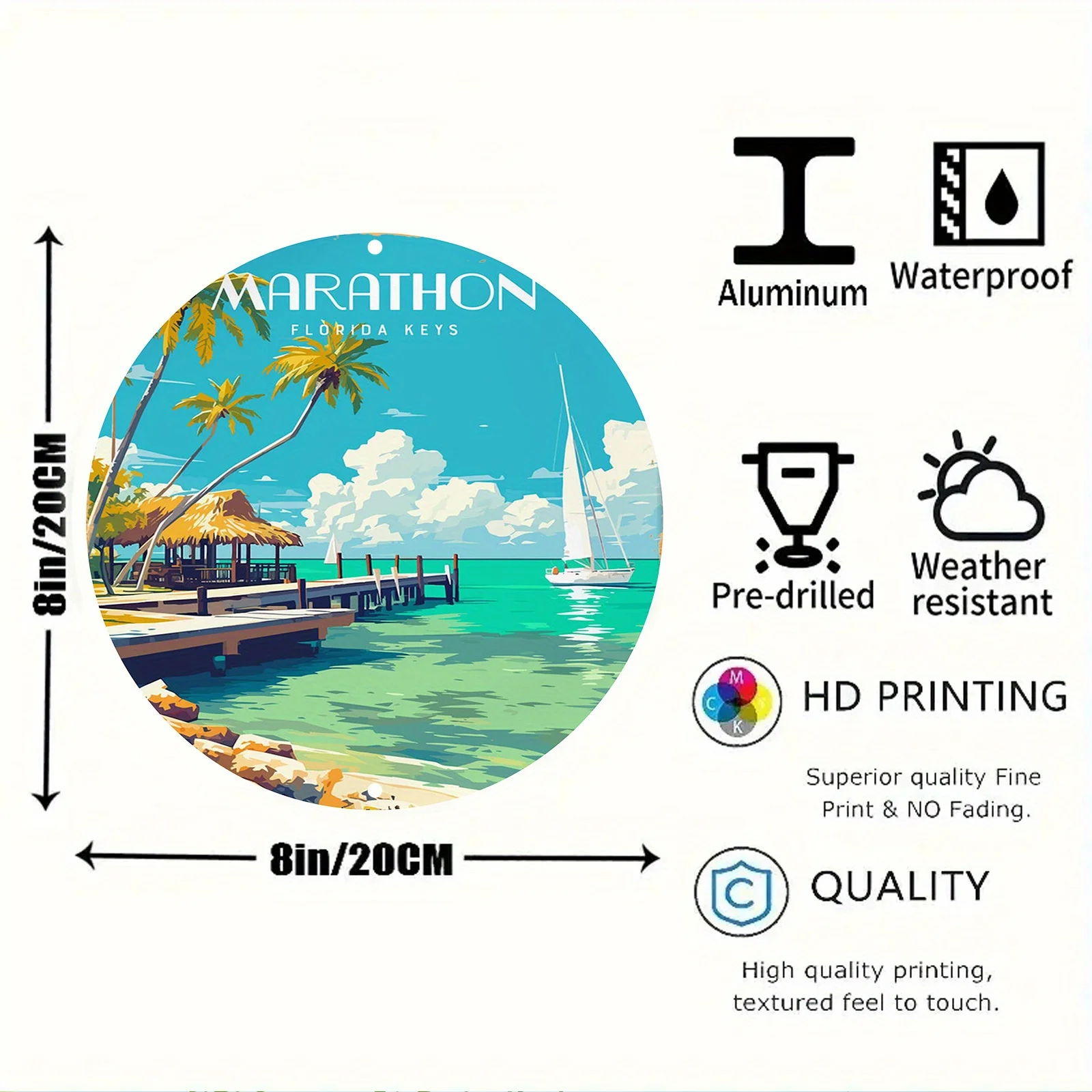 1pc, Vintage Florida Keys Marathon 2D Printed Round Aluminum Metal Sign, 8x8 Inch (20x20cm), Scratch & UV Resistant, Anti-Graffi