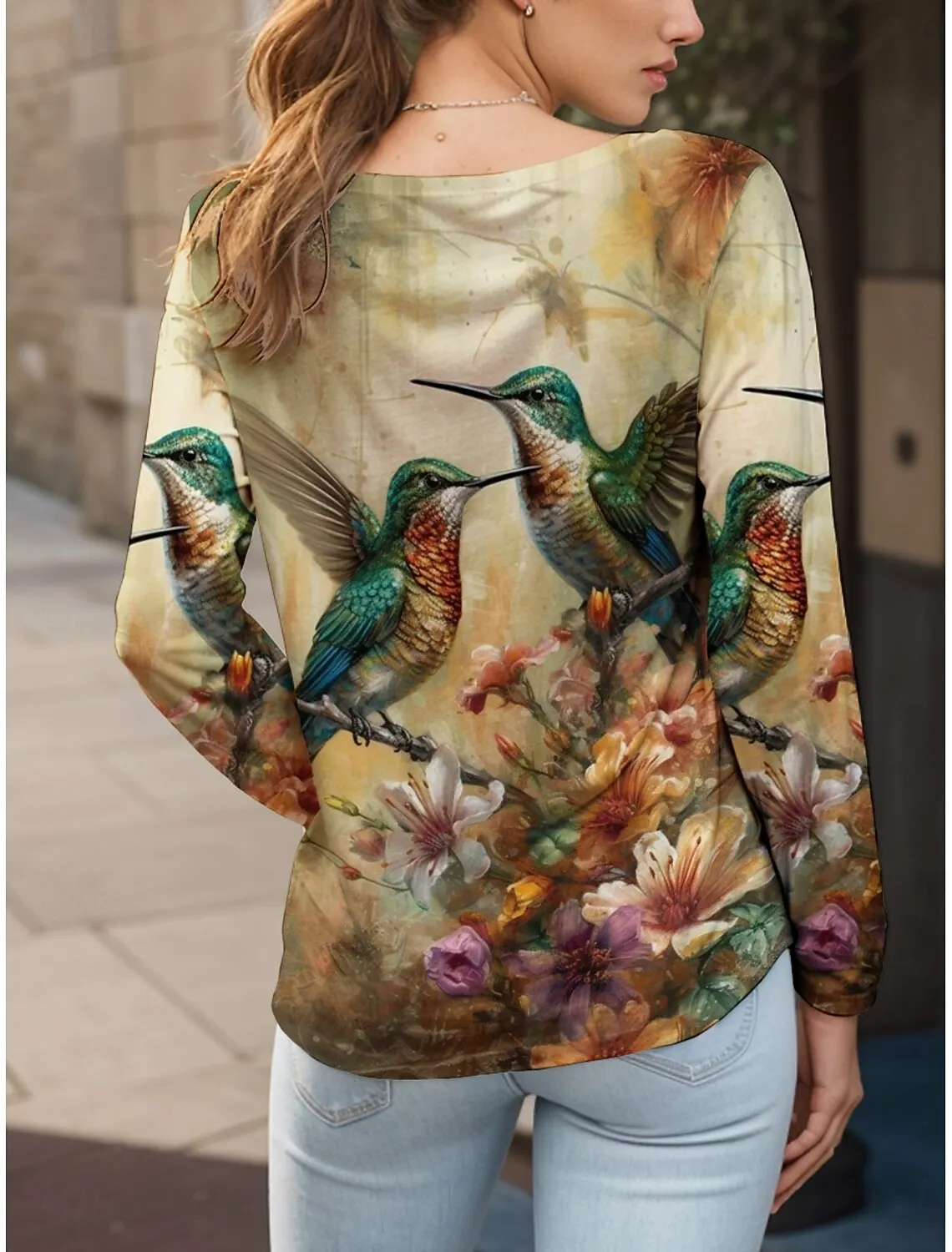 Women's T Shirt Floral Graphic Bird Tees Fashion Stylish Long Sleeve Crew Neck Regular Tops 3D Printed Summer Casual Pullover
