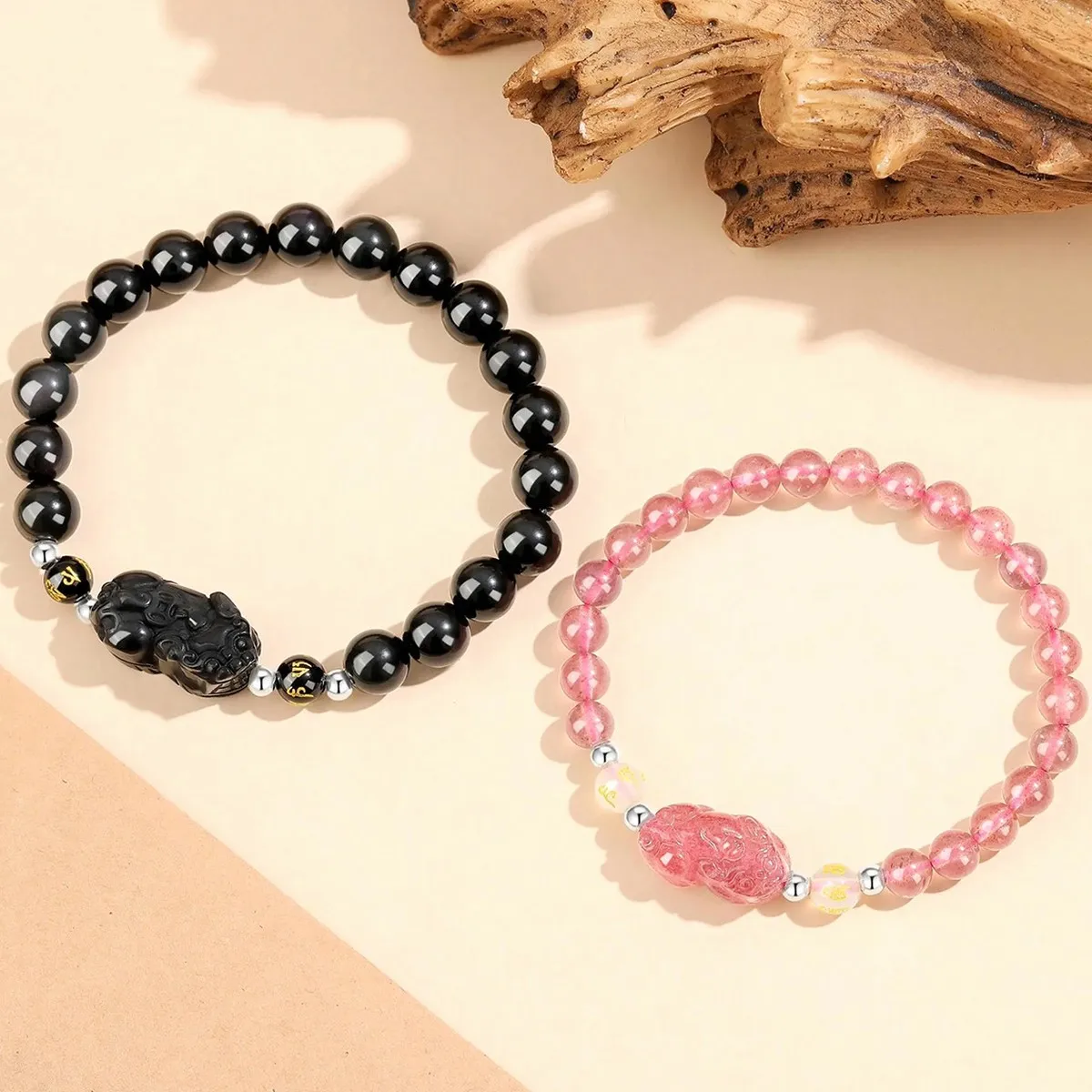 Natural Crystal Black Obsidian Strawberry Quartz Pixiu Beaded Couple Bracelet Women High-End Luxury Gift