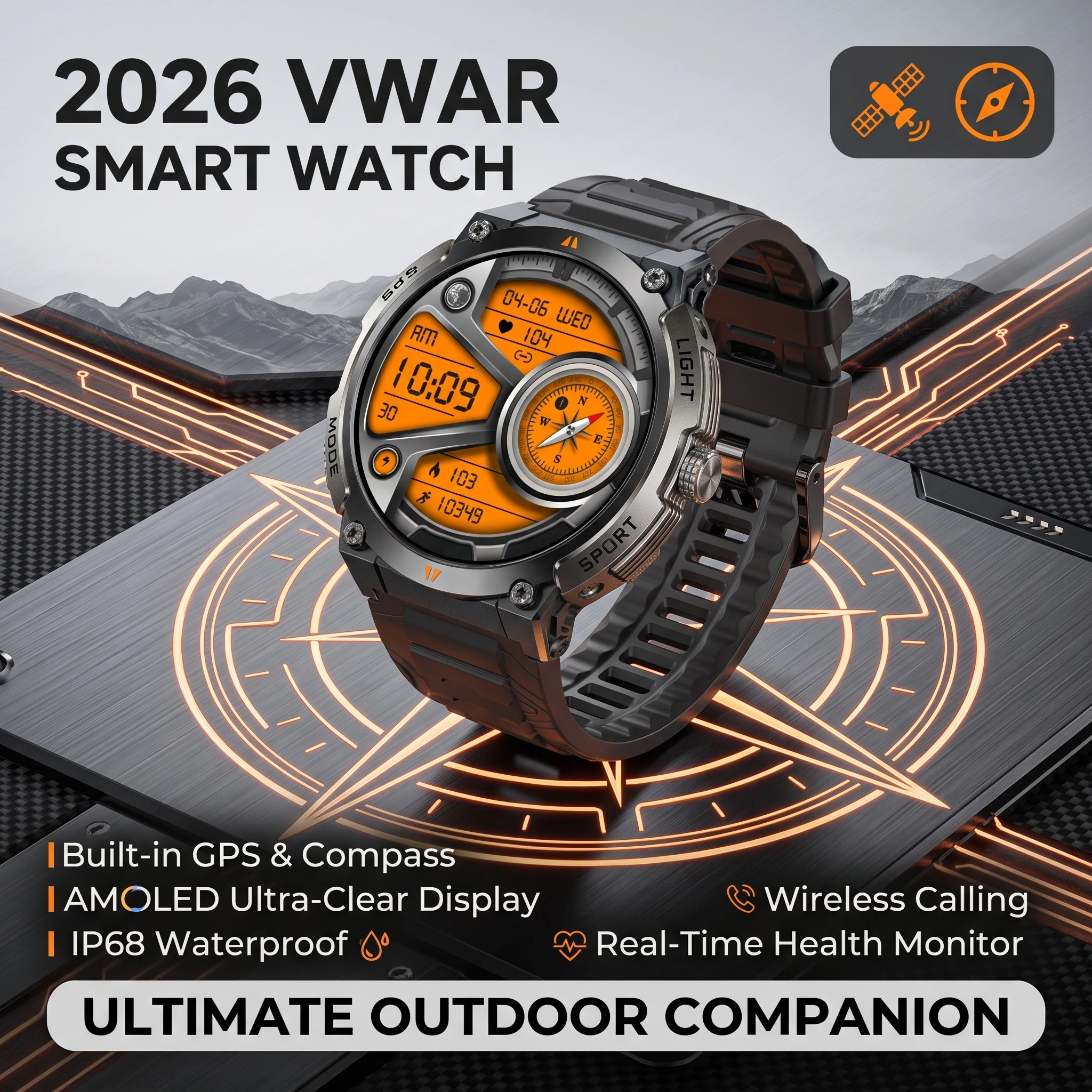 2026 VWAR Smart Watch Built-in GPS Compass AMOLED Wireless Calling IP68 Waterproof Real-Time Health Monitor Smartwatches For Men