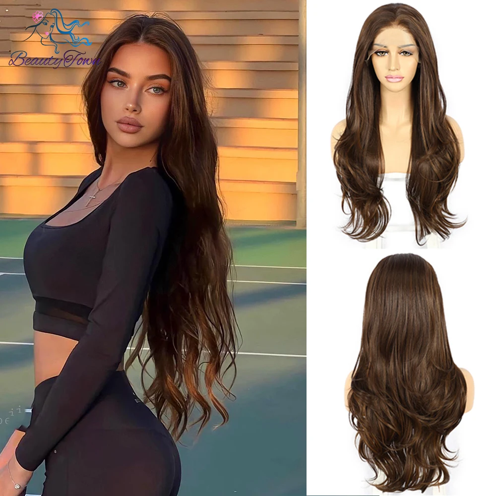 

Highlight Colored Synthetic Lace Front Wig Copper Blonde HD Transparent Lace Frontal Wig Body Wave Full Cosplay Daily Wig