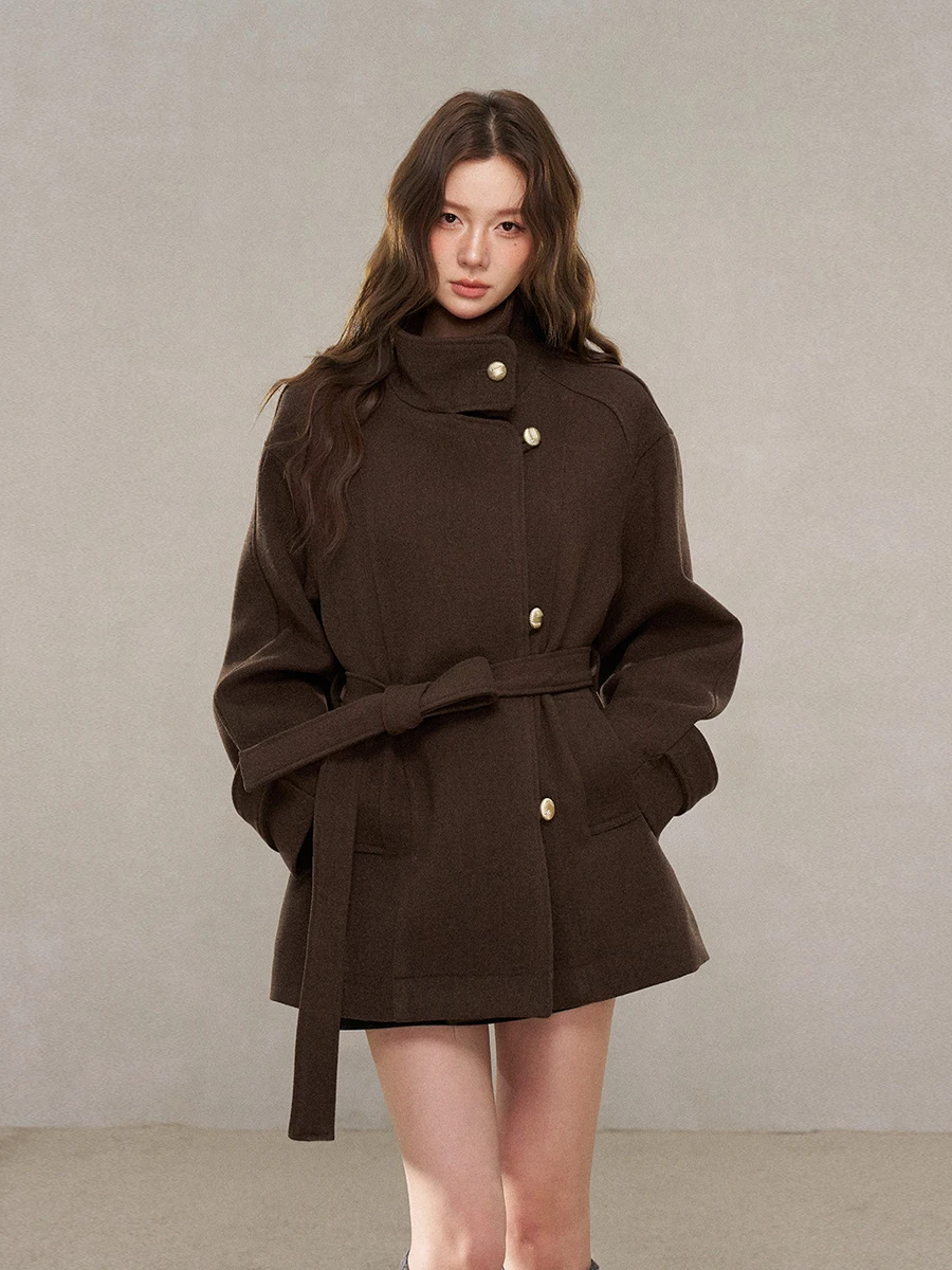 

Korean Sle Women's Thiened Woolen Coat down Inner Stand Collar Winter Outerwear Casual Chic Pure Color Button Closure