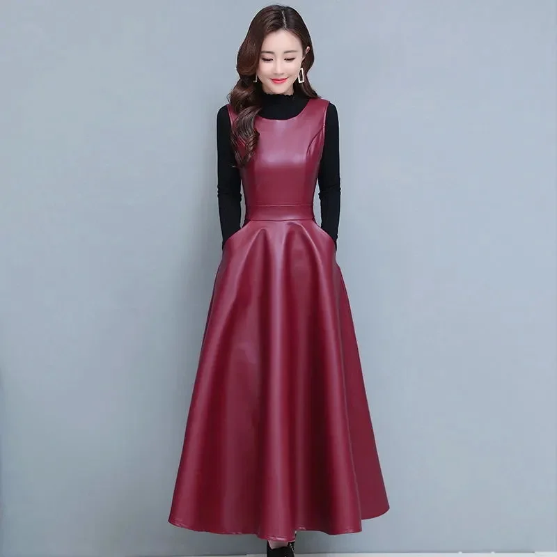 PU Leather Vest Dress For Women Slim Waist Long Dresses 2024 Spring Autumn New Female Fashion A-line Dress Mujer Vestidos