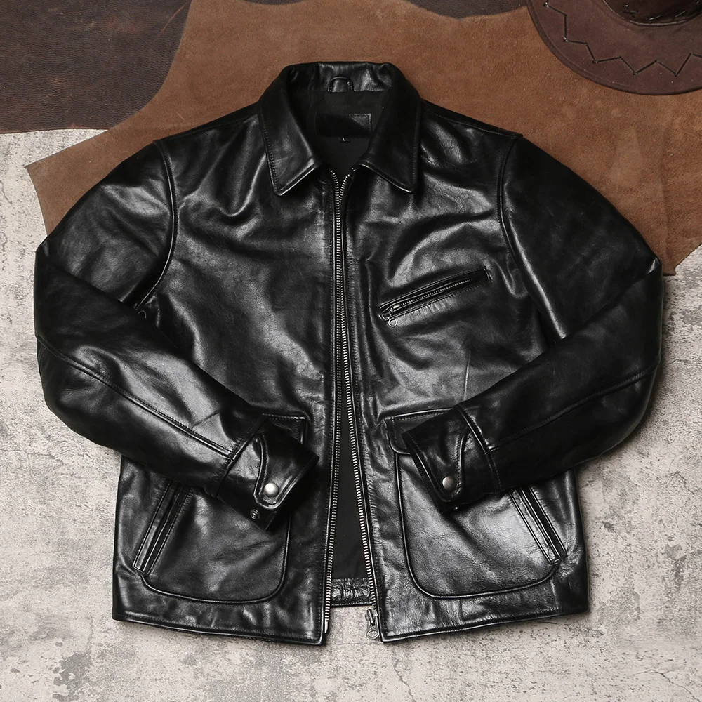 Jacky Cheung Vintage Leather Batik Vegetable Tanned Horseskin Motorcycle Leather Jacket Men's Lapel Tooling Leather Coat.