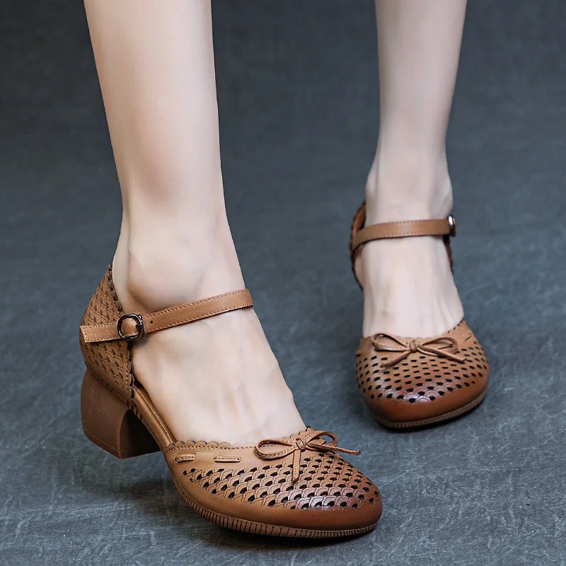 Summer New Thick Heel Soft Sole Genuine Leather Women\'s Hollow Cowhide Sandals